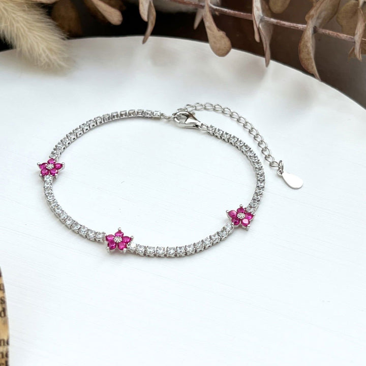 Bracciale Tennis con Fiori Fucsia 2 mm - My Mo Gioielli