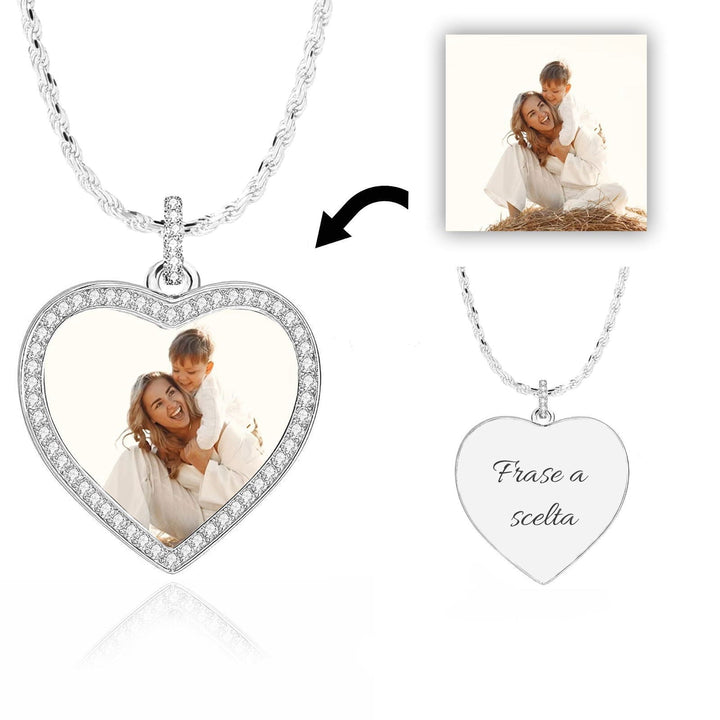 Collana Foto Cuore Personalizzata Contorno Zirconato e Maglia Corda - My Mo Gioielli