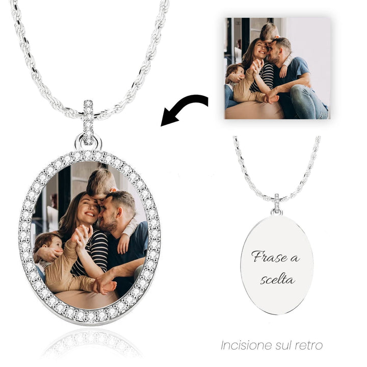 Collana Foto Ovale Personalizzata Contorno Zirconato e Maglia Corda - My Mo Gioielli