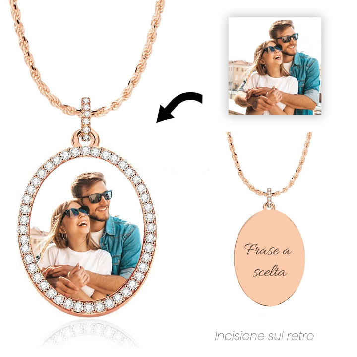 Collana Foto Ovale Personalizzata Contorno Zirconato e Maglia Corda - My Mo Gioielli