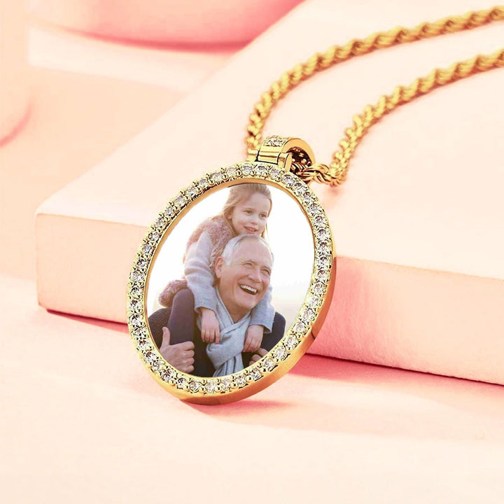 Collana Foto Ovale Personalizzata Contorno Zirconato e Maglia Corda - My Mo Gioielli